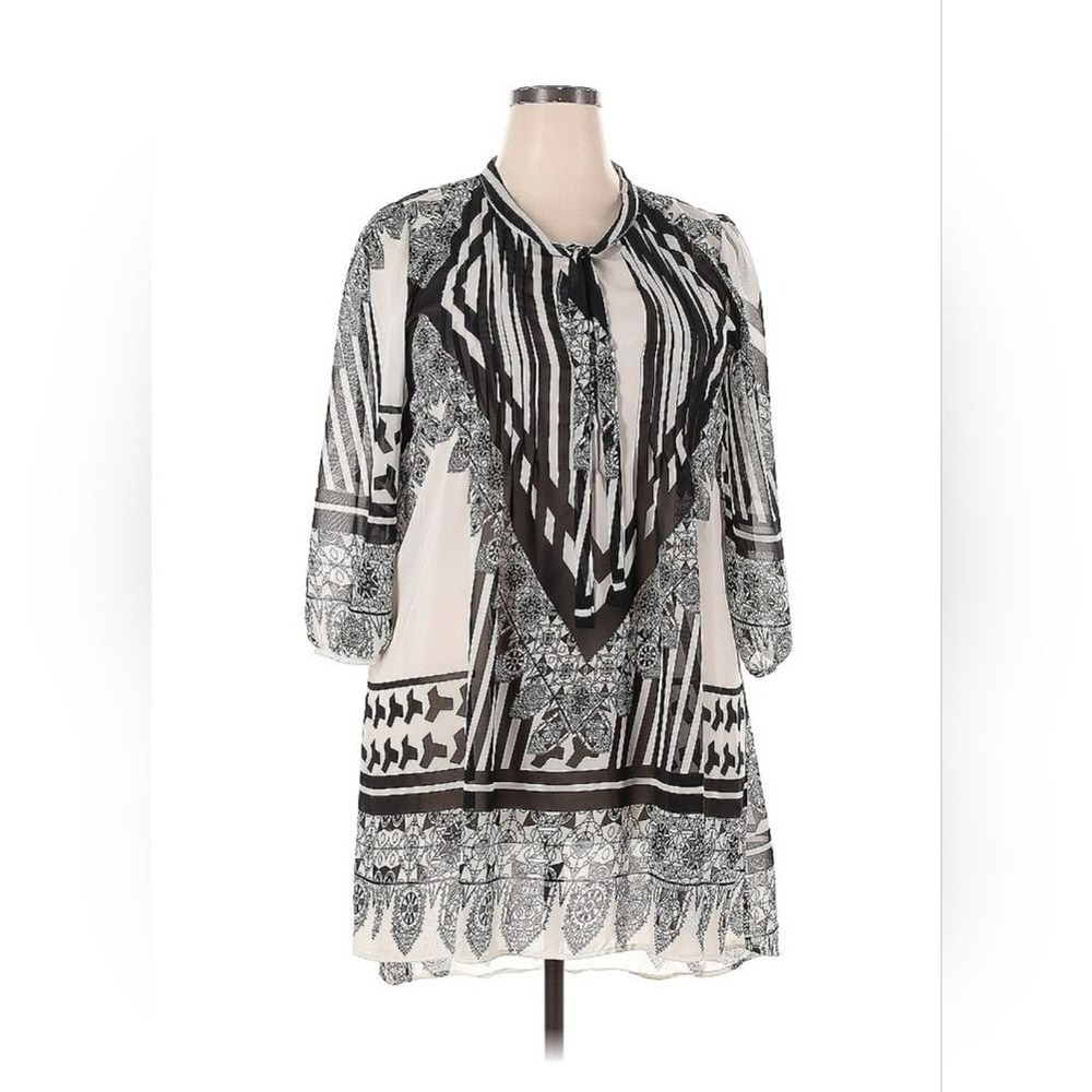 Ice Silk Tunic Blouse Women 1XL Black White Boho Geometric Chiffon Tie Neck